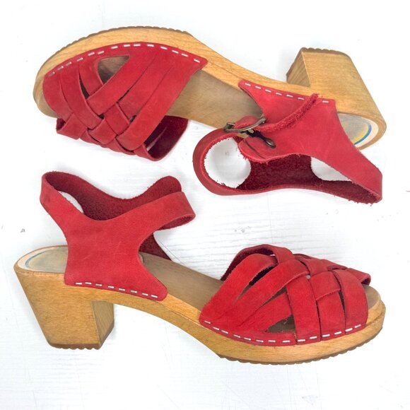 KERSTIN ADOLPHSON Swedish Carina Leather Mary Jane Wood Platform Clog 8 38 Red - Picture 4 of 8